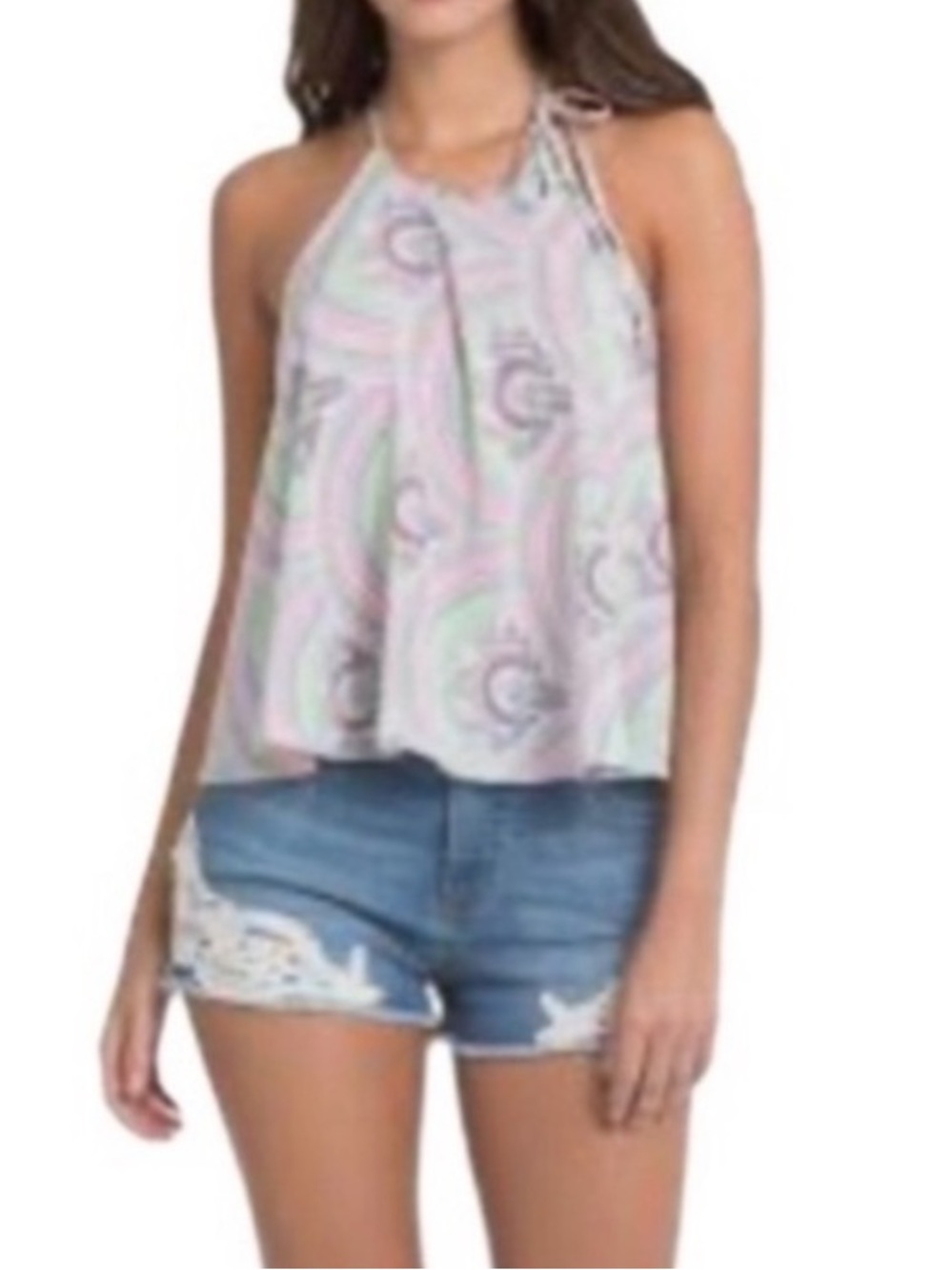 Elan Flowing Blouse Adjustable Tie Printed Halter Top Retro Green Pink Size S
